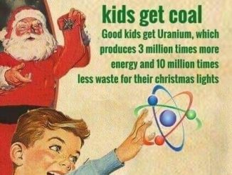 Scientific illustration of an ad touting nuclear power, in a 1950s/1960s style, showing a cheerful Santa over a young boy reaching for a colorful atomic model under the words "Science by Santa: Remember bad kids get coal, Good kids get Uranium which produces 3 million times more power and 10 million times less waste for their christmas lights." (With the odd capitalization in the original text.)