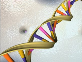 A scientific illustration of a DNA molecule, twisting away in front of a wet-looking background.