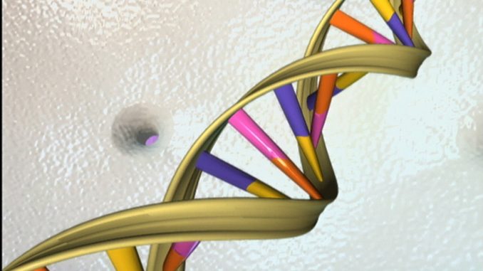 A scientific illustration of a DNA molecule, twisting away in front of a wet-looking background.