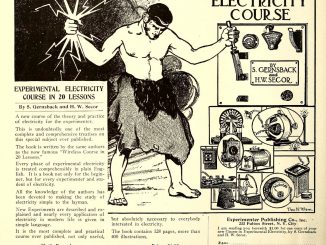 Scientific illustration of... well, there's a lot going on here. We've got a mythical-looking figure in a loincloth, sort of half-Zeus (his right hand is holding lightning bolts) and half-Hephaestus (his left hand, to our right, is on a large switch) Along the lower right of the image there are insets of various early 20th-century electrical devices. To the left and across the bottom is a block of text advertising a course in electrical science in the form of a book by S. Gernsback (doubtless a relative of the publisher, Hugo Gernsback) and H.W. Secor. It only costs a dollar!