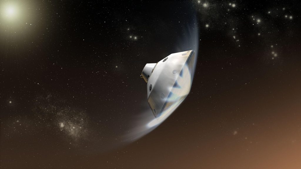 Scientific illustration of a Mars Science Laboratory - that is, a steel capsule not unlike a 1950s concept of a flying saucer - starting to meet resistance in the thin Martian air, with visible plumes of white atmosphere spraying from its underside.