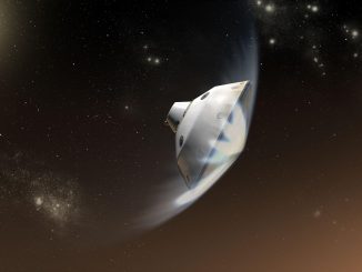 Scientific illustration of a Mars Science Laboratory - that is, a steel capsule not unlike a 1950s concept of a flying saucer - starting to meet resistance in the thin Martian air, with visible plumes of white atmosphere spraying from its underside.