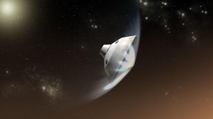 Scientific illustration of a Mars Science Laboratory - that is, a steel capsule not unlike a 1950s concept of a flying saucer - starting to meet resistance in the thin Martian air, with visible plumes of white atmosphere spraying from its underside.