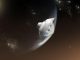 Scientific illustration of a Mars Science Laboratory - that is, a steel capsule not unlike a 1950s concept of a flying saucer - starting to meet resistance in the thin Martian air, with visible plumes of white atmosphere spraying from its underside.