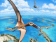Scientific illustration of a pterosaur, a flying dinosaur-like animal called Mimodactylus. It has broad, white, black-rimmed wings and is soaring above a sandy islet in a bright blue lagoon of prehistoric Afro-Arabia.