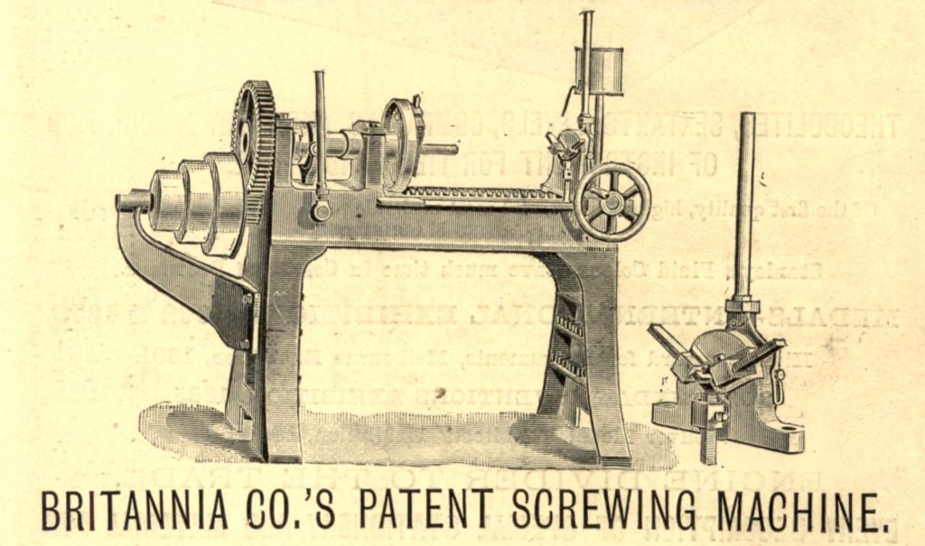Scientific illustration of Victorian machinery, a mechanical device used to screw into metal.