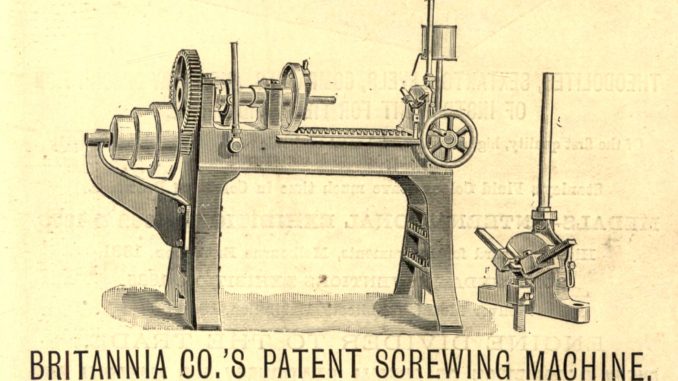 Scientific illustration of Victorian machinery, a mechanical device used to screw into metal.