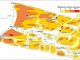 Scientific illustration in the form of an orange-and-yellow map showing the thickness of sediments.