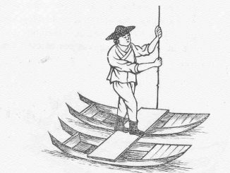Scientific illustration of Chinese fisherman on two sampans, balancing on a plank between the traditional watercraft.