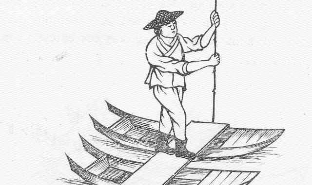 Scientific illustration of Chinese fisherman on two sampans, balancing on a plank between the traditional watercraft.