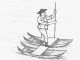 Scientific illustration of Chinese fisherman on two sampans, balancing on a plank between the traditional watercraft.