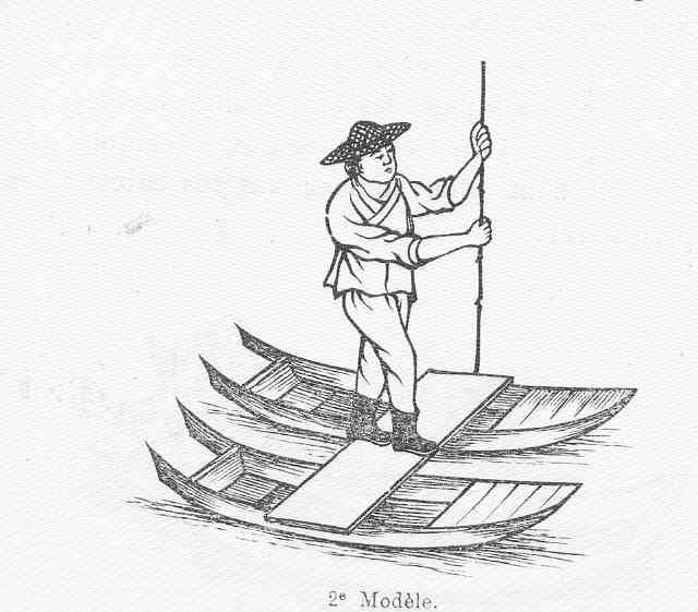 Scientific illustration of Chinese fisherman on two sampans, balancing on a plank between the traditional watercraft.