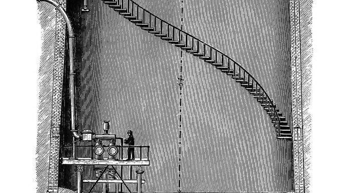 Scientific illustration of public water utilities and hydrological equipment from the steampunk era.