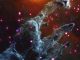 Scientific illustration of a nebula in deep space, the blue-gray "pillars of creation" rising like stony fingers of cloud against a sunset-orange backdrop, illuminated by glowing maginta spheres of new stars.