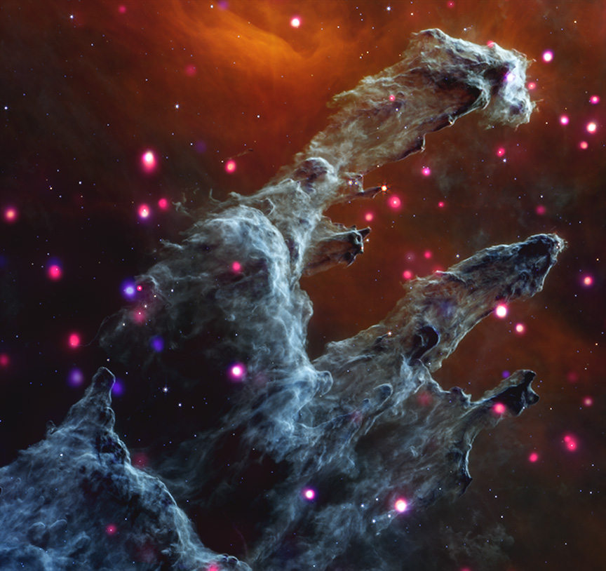 Scientific illustration of a nebula in deep space, the blue-gray "pillars of creation" rising like stony fingers of cloud against a sunset-orange backdrop, illuminated by glowing maginta spheres of new stars.