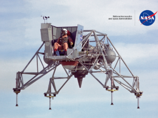 Scientific Illustration of a Lunar Landing Research Vehicle in mid-flight. It's a NASA hovercraft, basically.