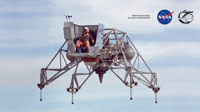 Scientific Illustration of a Lunar Landing Research Vehicle in mid-flight. It's a NASA hovercraft, basically.