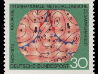 Scientific illustration of a meteorological diagram on a postage stamp. Looping black lines of atmospheric pressure mark an area where a warm front moves northeast where two cold fronts converge heading south.