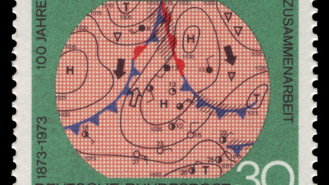 Scientific illustration of a meteorological diagram on a postage stamp. Looping black lines of atmospheric pressure mark an area where a warm front moves northeast where two cold fronts converge heading south.
