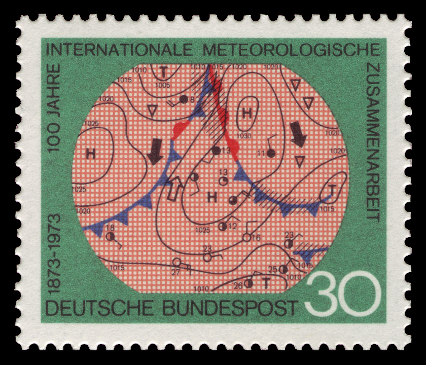 Scientific illustration of a meteorological diagram on a postage stamp. Looping black lines of atmospheric pressure mark an area where a warm front moves northeast where two cold fronts converge heading south.