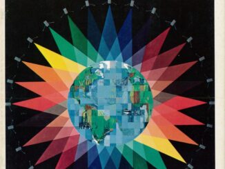 Scientific illustration of a planet illuminated (or perhaps formed) by a circle of orbital lights, shining down in many colors; an illustration of computer networking in a pre-internet age.