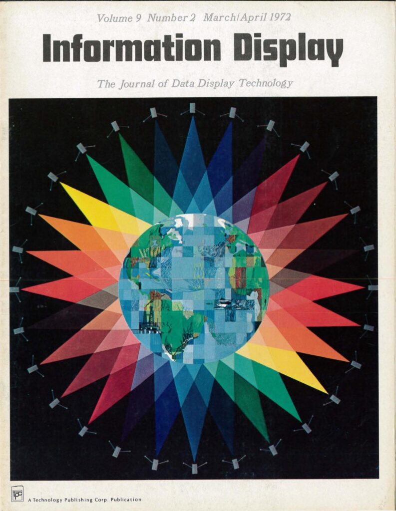 Scientific illustration of a planet illuminated (or perhaps formed) by a circle of orbital lights, shining down in many colors; an illustration of computer networking in a pre-internet age.