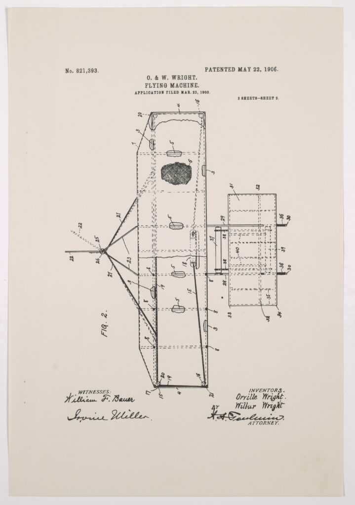 Scientific Illustration of the Wright Brothers' airplane in the patent application.