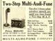 Scientific illustration of early radio equipment, in an advertisement for the Two-Step Multi-Audi-Fone, which comes with a pocket receiver and a "special head set." The M.A.F. costs $60 unless you order it after October 1, in which case it's $75. Which is quite a lot in 1916 dollars.