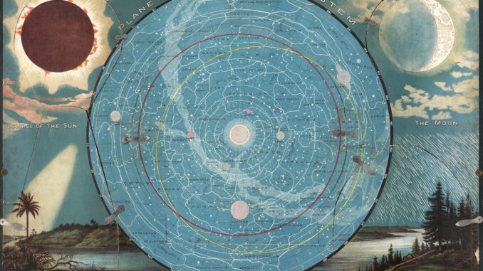 Scientific illustration of the solar system, as a map of the night sky, from the 1800s. It's like a Victorian planetarium.