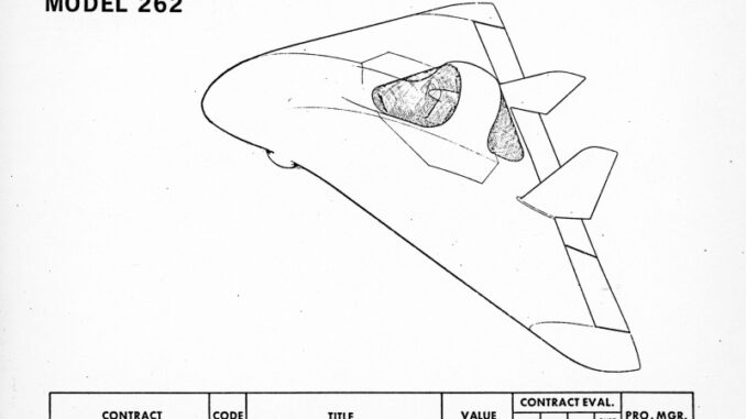 Scientific illustration of the Ryan 262 Manta Ray aircraft, a remote-controlled military drone from the 1970s