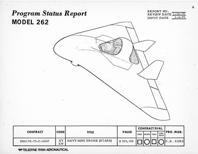Scientific illustration of the Ryan 262 Manta Ray aircraft, a remote-controlled military drone from the 1970s