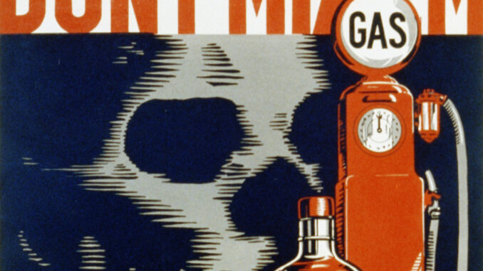 Scientific illustration for public health - a skull looks over a whiskey bottle and a gasoline pump under the block type "DON'T MIX 'EM"