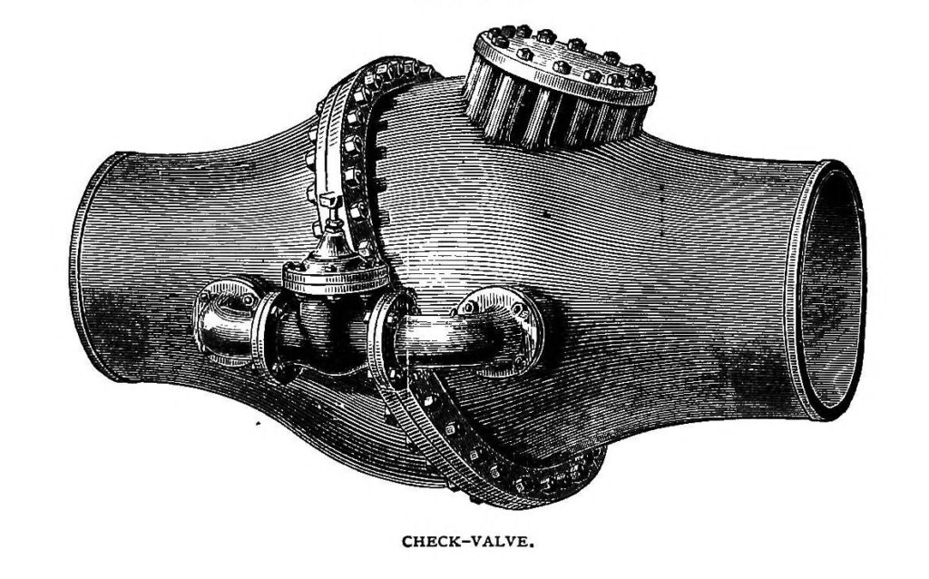 Scientific illustration of Victorian plumbing, a check valve from a 19th century guide to hydraulic fixtures by J.T. Fanning.