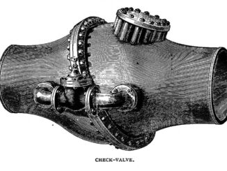 Scientific illustration of Victorian plumbing, a check valve from a 19th century guide to hydraulic fixtures by J.T. Fanning.