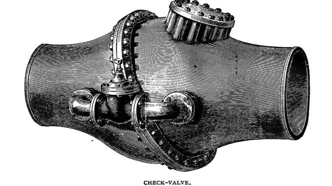 Scientific illustration of Victorian plumbing, a check valve from a 19th century guide to hydraulic fixtures by J.T. Fanning.