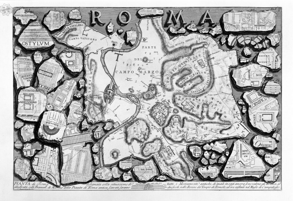 Scientific illustration of ancient Rome in the form of a map by Piranesi.
