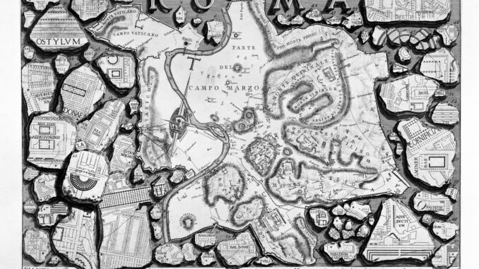 Scientific illustration of ancient Rome in the form of a map by Piranesi.