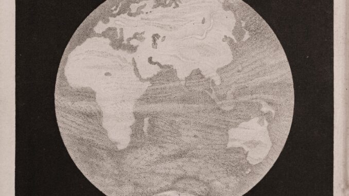 Scientific illustration of the planet Earth as seen from space, possibly the first such image ever created, at least in the modern era.