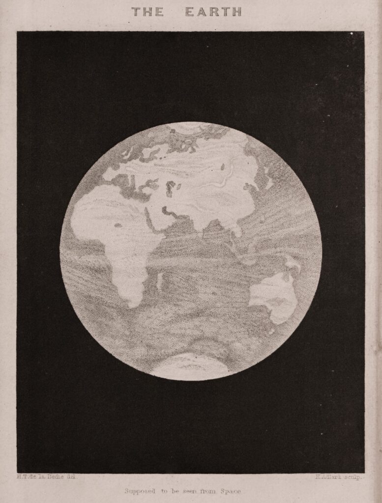 Scientific illustration of the planet Earth as seen from space, possibly the first such image ever created, at least in the modern era.