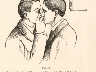 Scientific illustration of an eye exam using an ophthalmoscope.