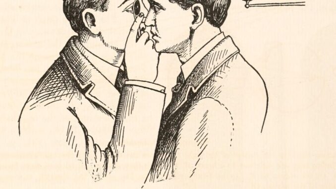 Scientific illustration of an eye exam using an ophthalmoscope.
