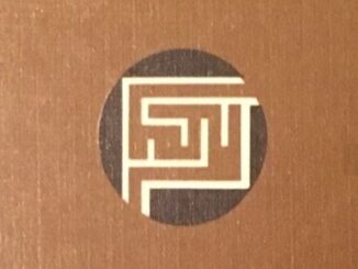 Scientific illustration of a human brain (or perhaps just a maze) as a very simplified informational icon in a 1960s visual style: brown background, black circle, a white bordered maze in brown forming a square inside the circle.