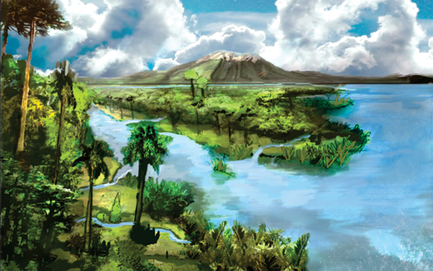 Scientific illustration of a primoridal landscape, particularly ferns, palms, conifers, all vivid green against sparkling blue water and a white-clouded sky.