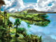 Scientific illustration of a primoridal landscape, particularly ferns, palms, conifers, all vivid green against sparkling blue water and a white-clouded sky.