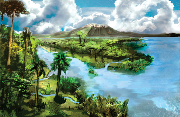 Scientific illustration of a primoridal landscape, particularly ferns, palms, conifers, all vivid green against sparkling blue water and a white-clouded sky.