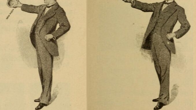 Scientific illustrations of a demonstration of how the sun and moon's orbital planes have to line up in order for an eclipse to happen. A dapper young 19th-century fella in a suit is holding something like a saucer at arm's length, eyeballing it. The saucer is labeled with a "new moon" on one side and "full moon" on the other. Only when the disc is flat - that is, parallel to the fella's line of sight - is an eclipse possible. Otherwise, his sun-like eye will never be blocked from seeing both sides of the rim.