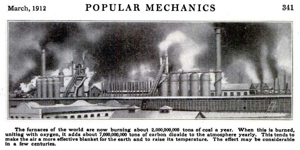 Scientific illustration of factories spreading smoke and soot into the air 100 years ago, with a warning from the early 20th century about carbon dioxide levels having climate effects.