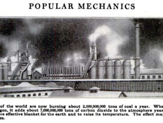 Scientific illustration of factories spreading smoke and soot into the air 100 years ago, with a warning from the early 20th century about carbon dioxide levels having climate effects.