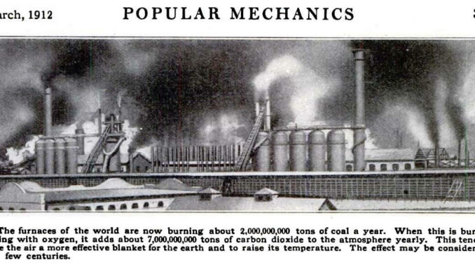 Scientific illustration of factories spreading smoke and soot into the air 100 years ago, with a warning from the early 20th century about carbon dioxide levels having climate effects.