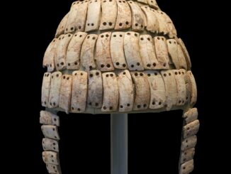 Scientific illustration of an ancient Greek helmet.